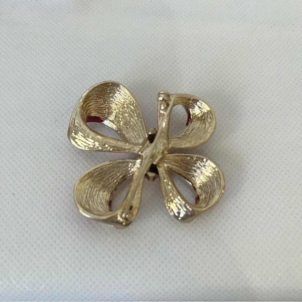 Vintage Roman Red Gold Crystal Bow Brooch Christmas